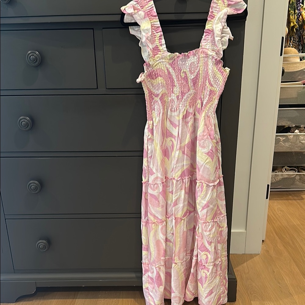 Hill House Pink and Cream Ruffled Dress